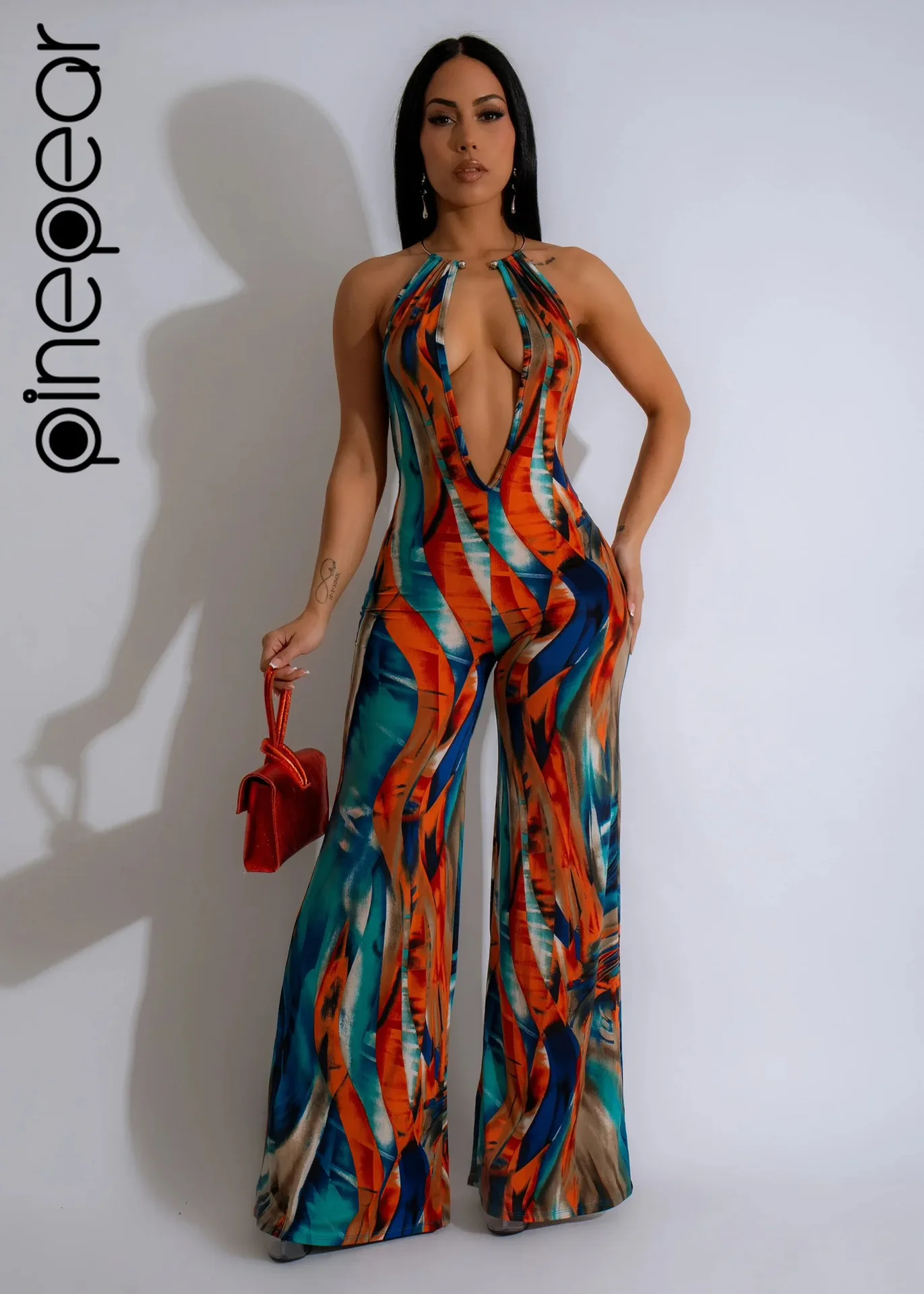 PinePear 2024 Women Metal Ring Cut-Out Halter Deep V-Neck Backless Wide Leg Pants Jumpsuits Rainbow Print Elegant Party Overalls