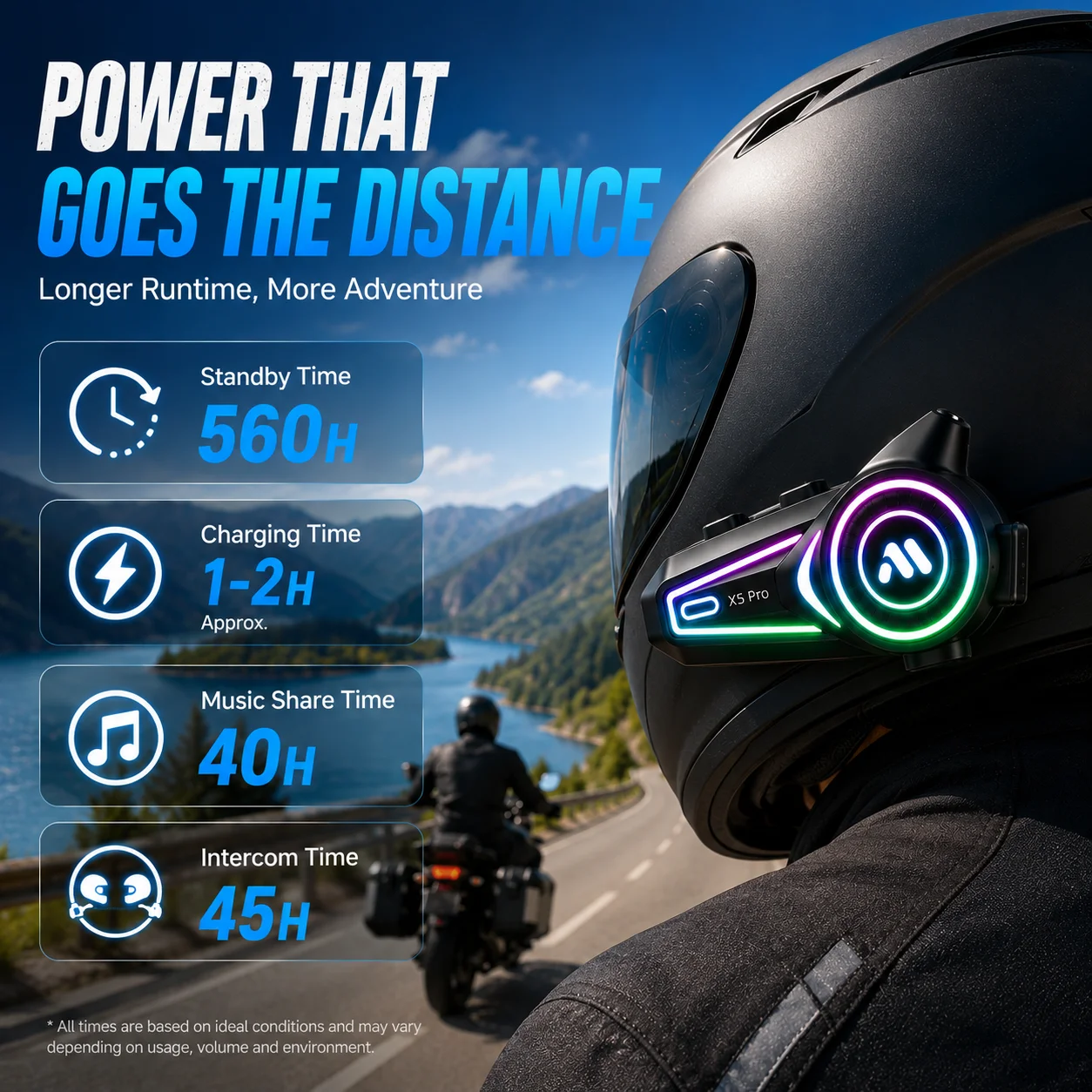 X5 Pro - Long-Haul Bluetooth 6.0 Intercom with 1150mAh Battery, IPX5 Protection, 500m Range, FM Radio, and 10-Color Lighting