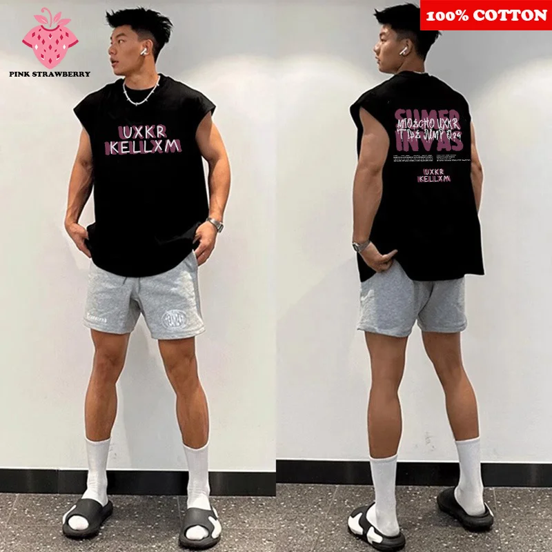 

Street Letter Print Sleeveless Vest T-shirt Men 2025 New 100%Cotton Casual Sport Vest Fitness Sweat absor Vest Quick Dry Top men