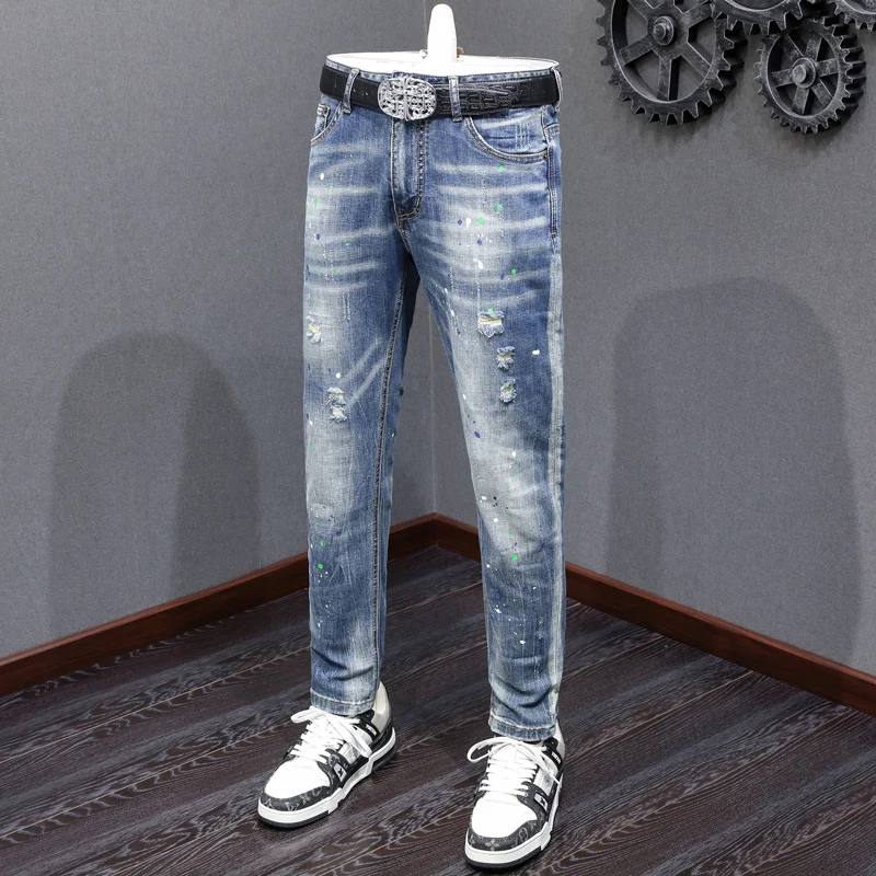 

Street Fashion Men Jeans Retro Washed Blue Stretch Slim Fit Vintage Ripped Jeans Men Painted Designer Hip Hop Denim Pants Hombre