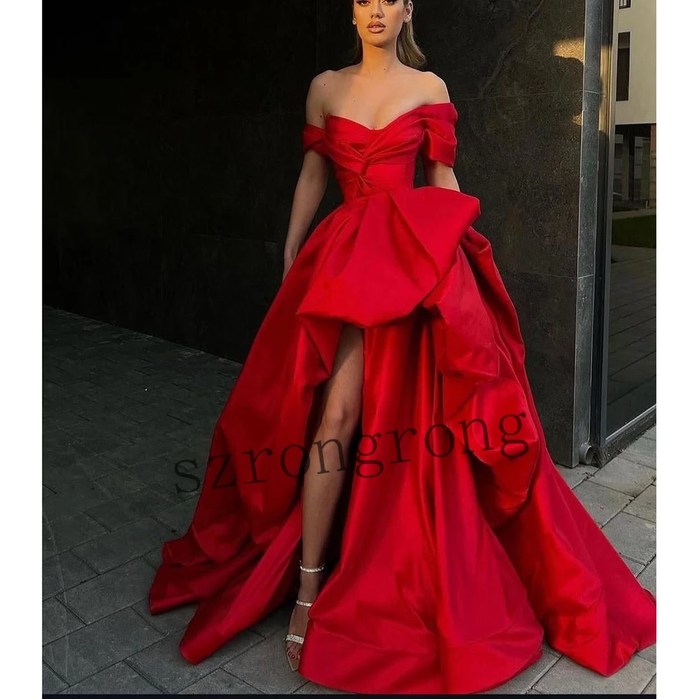 Customized Modern Red Off Shoulder Pleated Evening Bridal Dress Ruffles Backless Floor-Length Saudi Prom Party Dress with Train