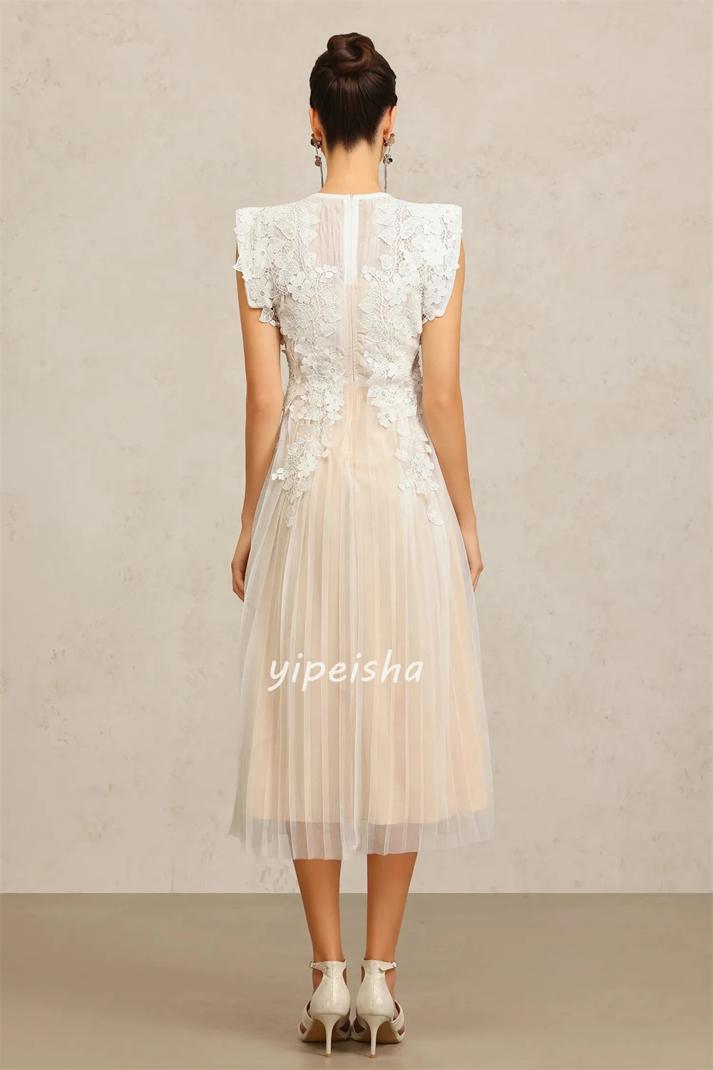 Customized Elegant Fashion Tulle Applique Pleat Straight Scoop Neck Tea Length Dresses Bespoke Occasion Dresses Modern Style image 2