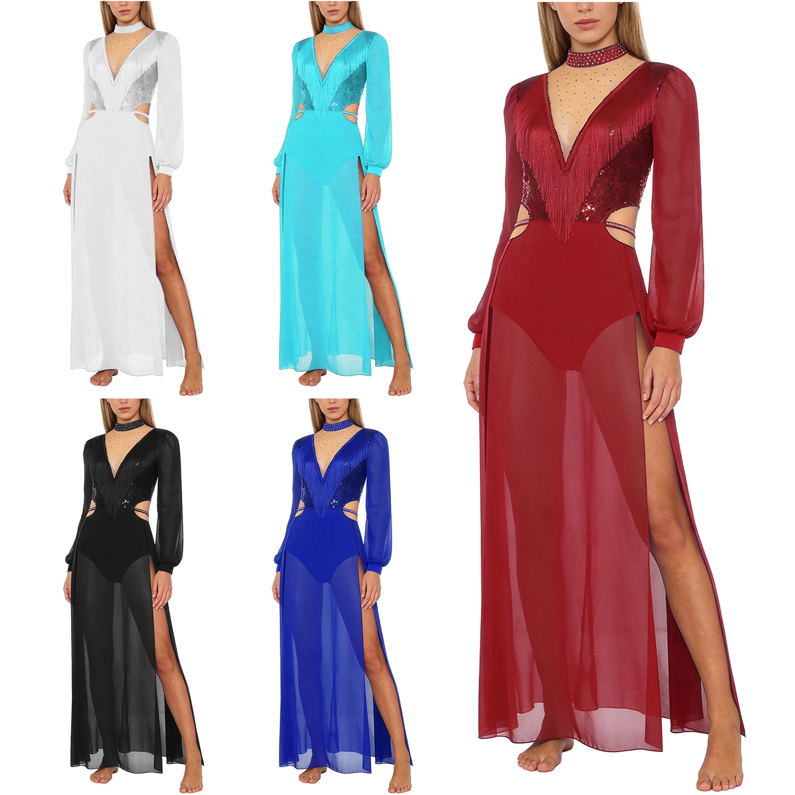 Frauen Bauchtanz Fransenkleid Pailletten Quaste Brust Langarm Body mit Schlitz Chiffon Saum Maxikleid Latin Rumba Dancewear
