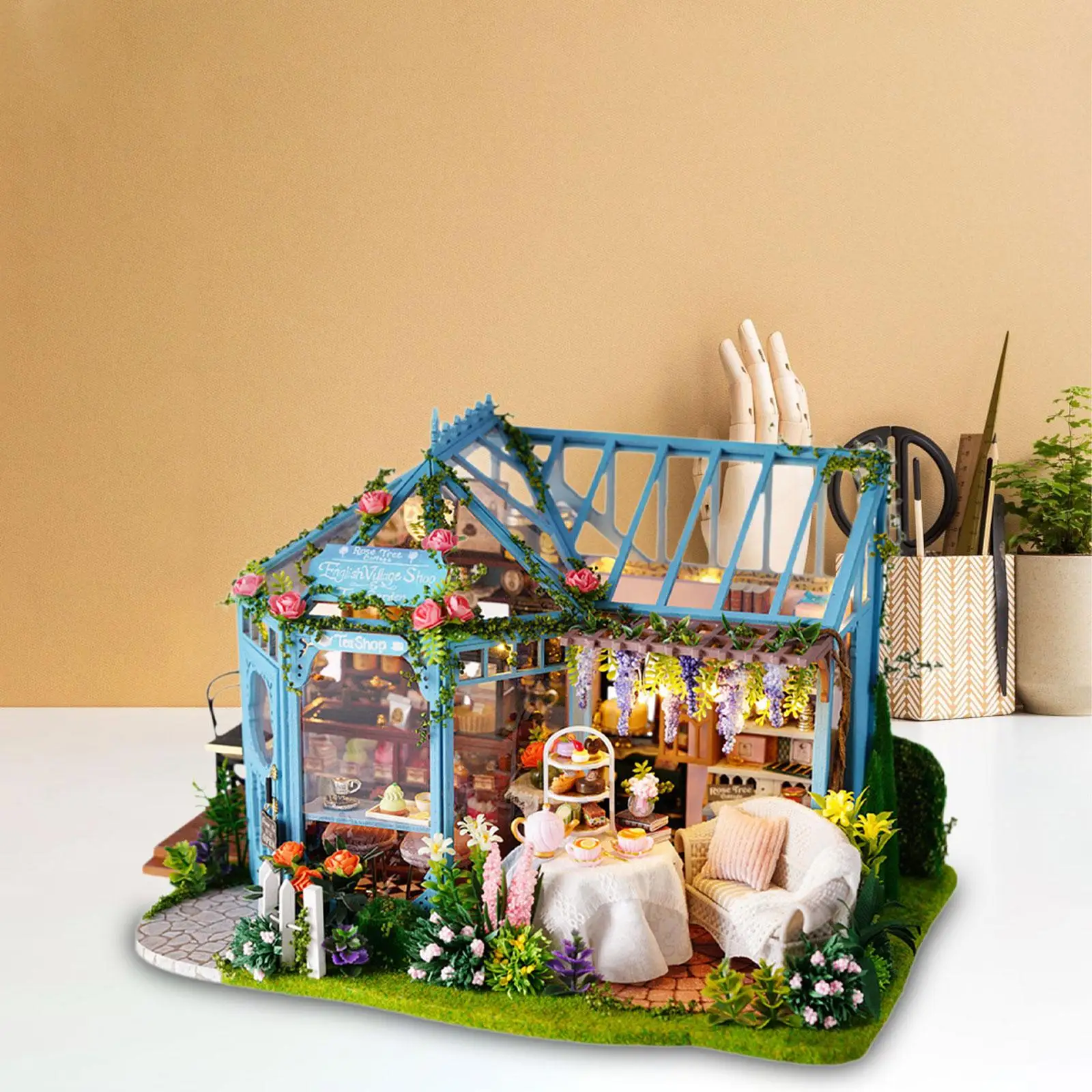 Dollhouse Miniature with Furniture Craft and Accessories Dustproof Cover with Music Box and LED Lights for Kids Adults Festival