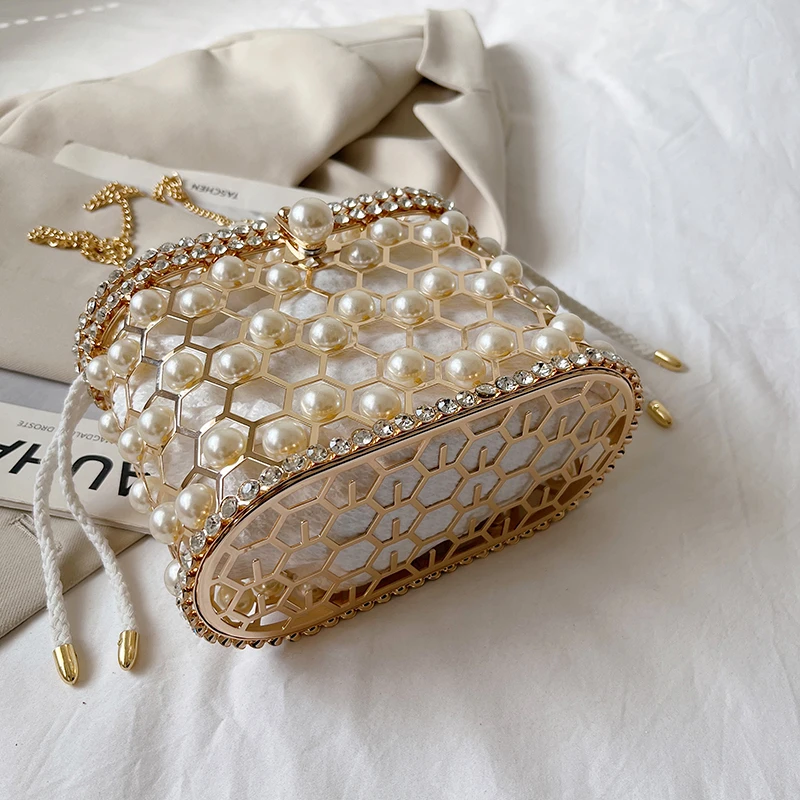 MOODS Luxury Designer Purses And Handbags For Women Hollow-out Basket Pearl Bead Evening Clutch Wedding Party Crossbody Bag 2023