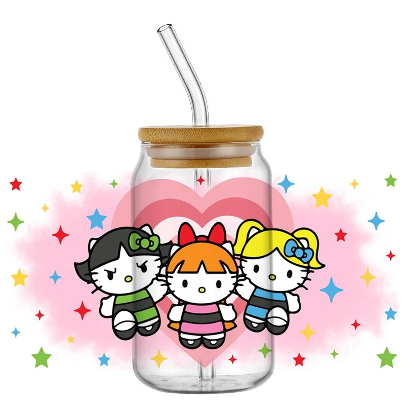 Miniso Hello Kitty Design UV DTF Cup Wrap for 16oz Libbey Glasses DIY Cartton Cat Mug Transfer Sticker