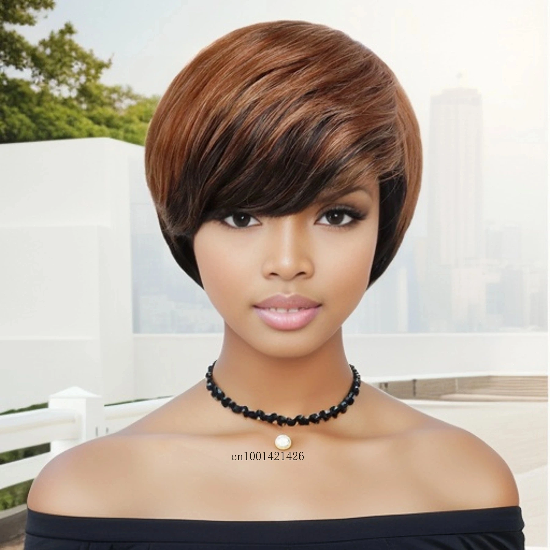 Synthetic Short Pixie Cut Wigs for Black Women Layered Color Brown Wig with Bangs Natural Hairstyles Straight Mommy Wig Daily