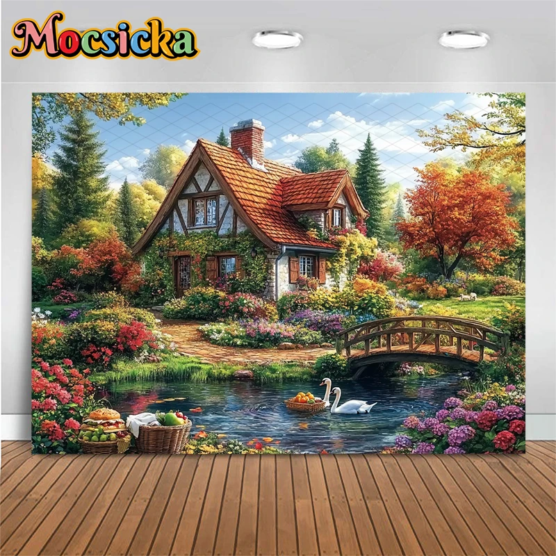 Mocsicka Oil Painting Country Cottage Photo Backdrop Autumn Forest Stream Bridge Floral Garden Outdoor Kids Birthday Backgrounds