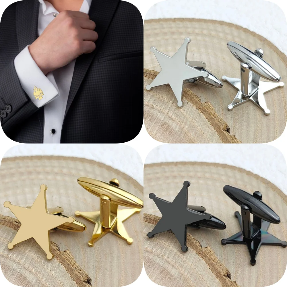 Gemelos originales de acero inoxidable con estrella de cinco puntas, resistentes al agua y que no se decoloran, botones de camisa francesa, regalo para novio