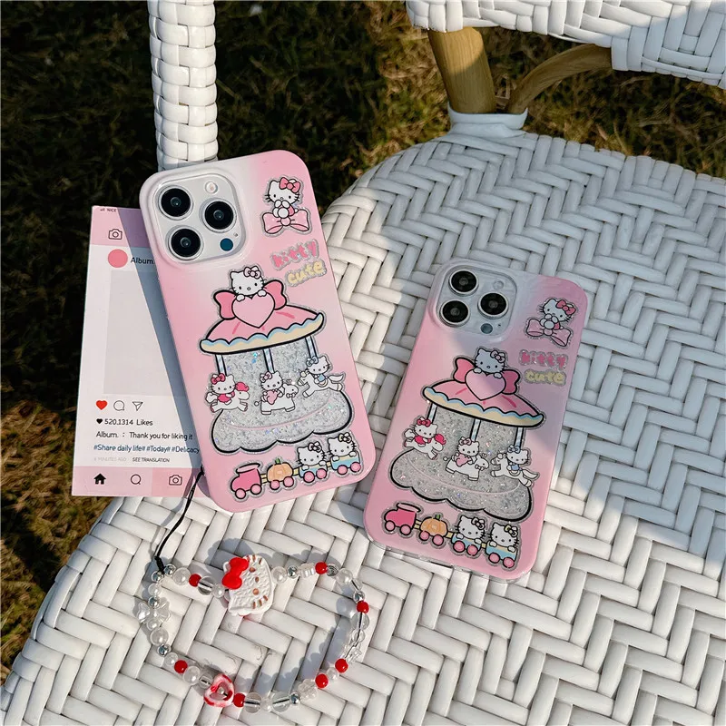 Hello Kitty Carousel Phone Case for iPhone 13 14 15 16 Pro Max 13pro 14pro 15pro 16pro Pink amusement park Cover Capa