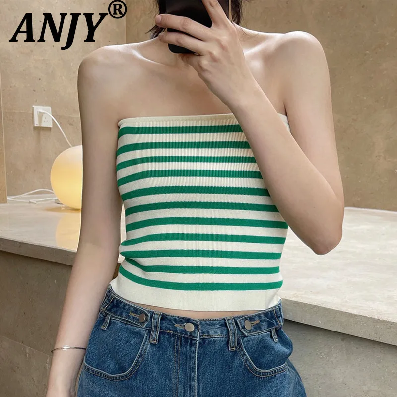 ANJY Summer New Women Korean Style Simple Striped Knitted Strapless Vest Trendy Fashion Contrast Color Slim Fit Base Top A20574