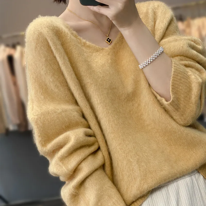 Autumn Winter Women 100% Pure Wool Cashmere Sweater V-neck Brushed Pullover Casual Knit Solid Color Regular Female Loose Tops