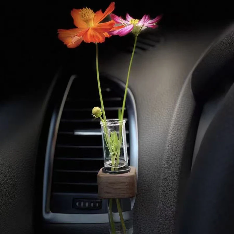 2/6pcs Stable Mini Car Flower Vase Clip Elegant Adjustable Car Vent Flower Vase Walnut And Plastic Creative Car Vent Decor