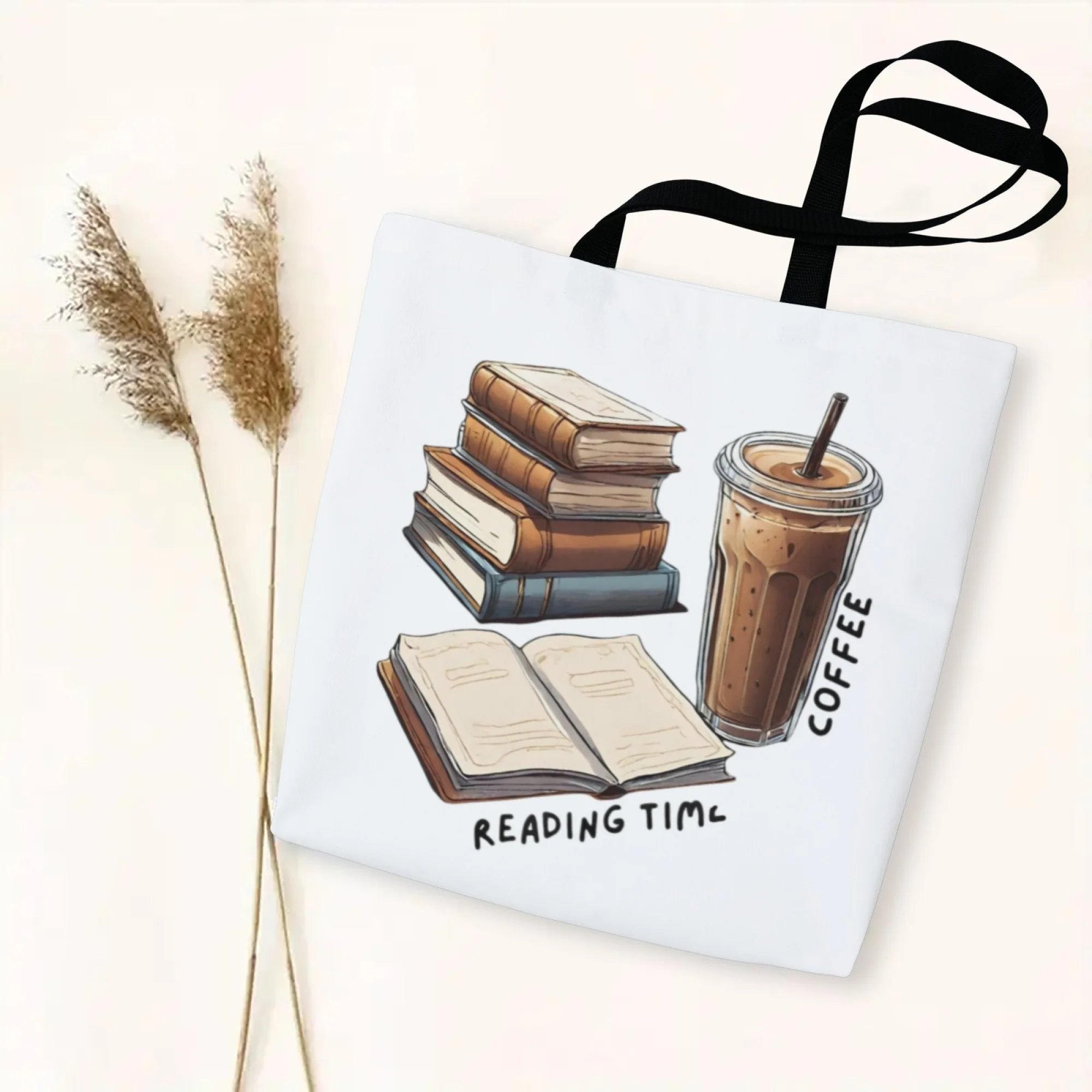 

Book Lover's Tote Bag Large Capacity Coffee & Reading Print Durable Canvas Grocery Bag for Women Gift for Readers Library Travel