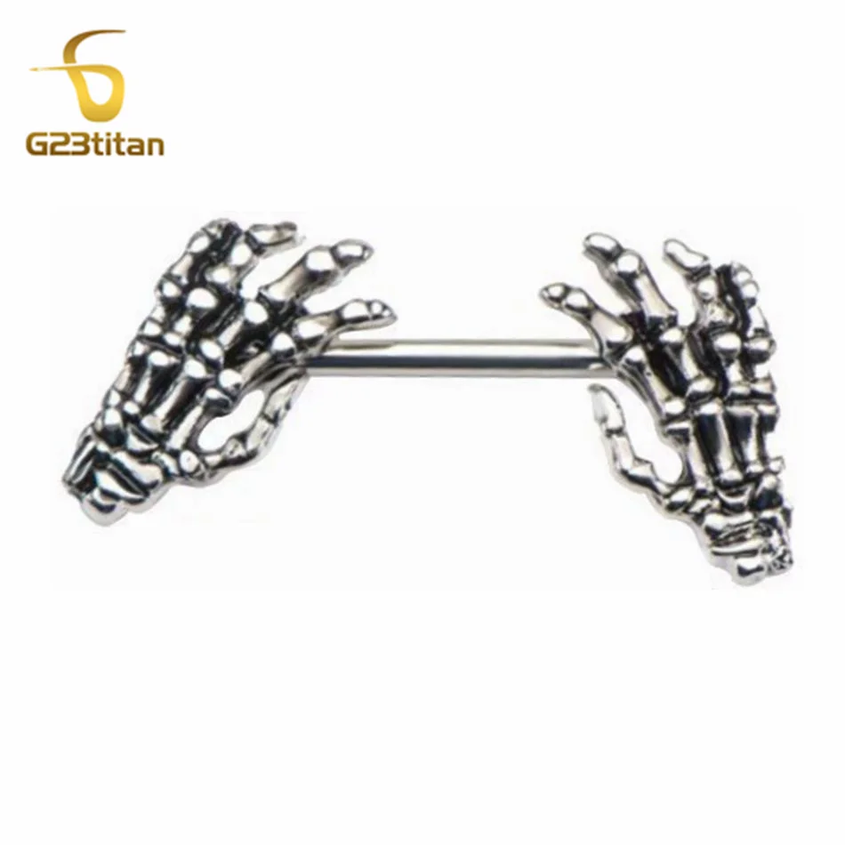 Women Men Nipple Ring Demon Claw Skeleton Hand Design 14G Surgical Titanium Steel Barbell Punk Gothic Body Piercing Jewelry 2pcs image 6