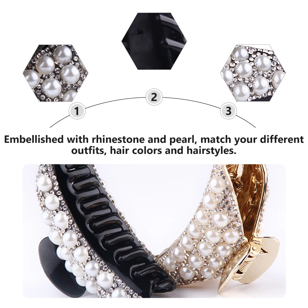 

4pcs Women Claw Clips Rhinestone Pearl Embellished Nonslip Clamps For Straight Curly Long Hair Shower Beauty Routine Ponytail