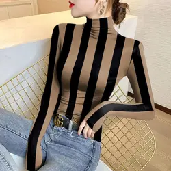 Women's Casual Turtleneck Striped Printed Tops 2023 Spring and Autumn Slim Office Lady Fashion Long Sleeve Pullover T-shirt