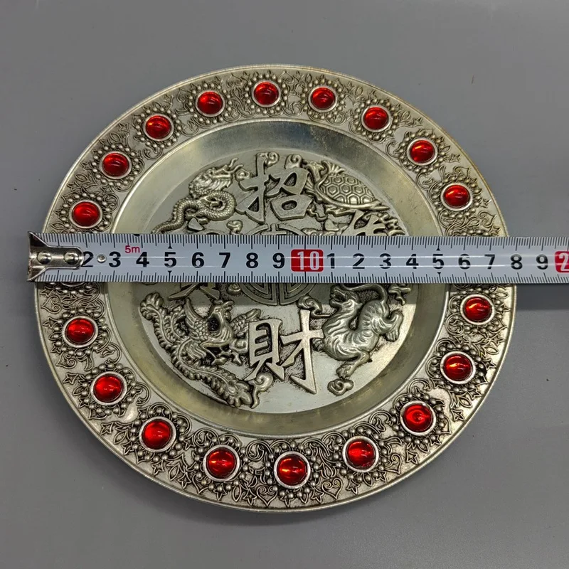 

Антикварная винтажная тарелка в старинном стиле с изображением четырех животных и драгоценными камнями, украшение для дома, тарелка с символикой Фу