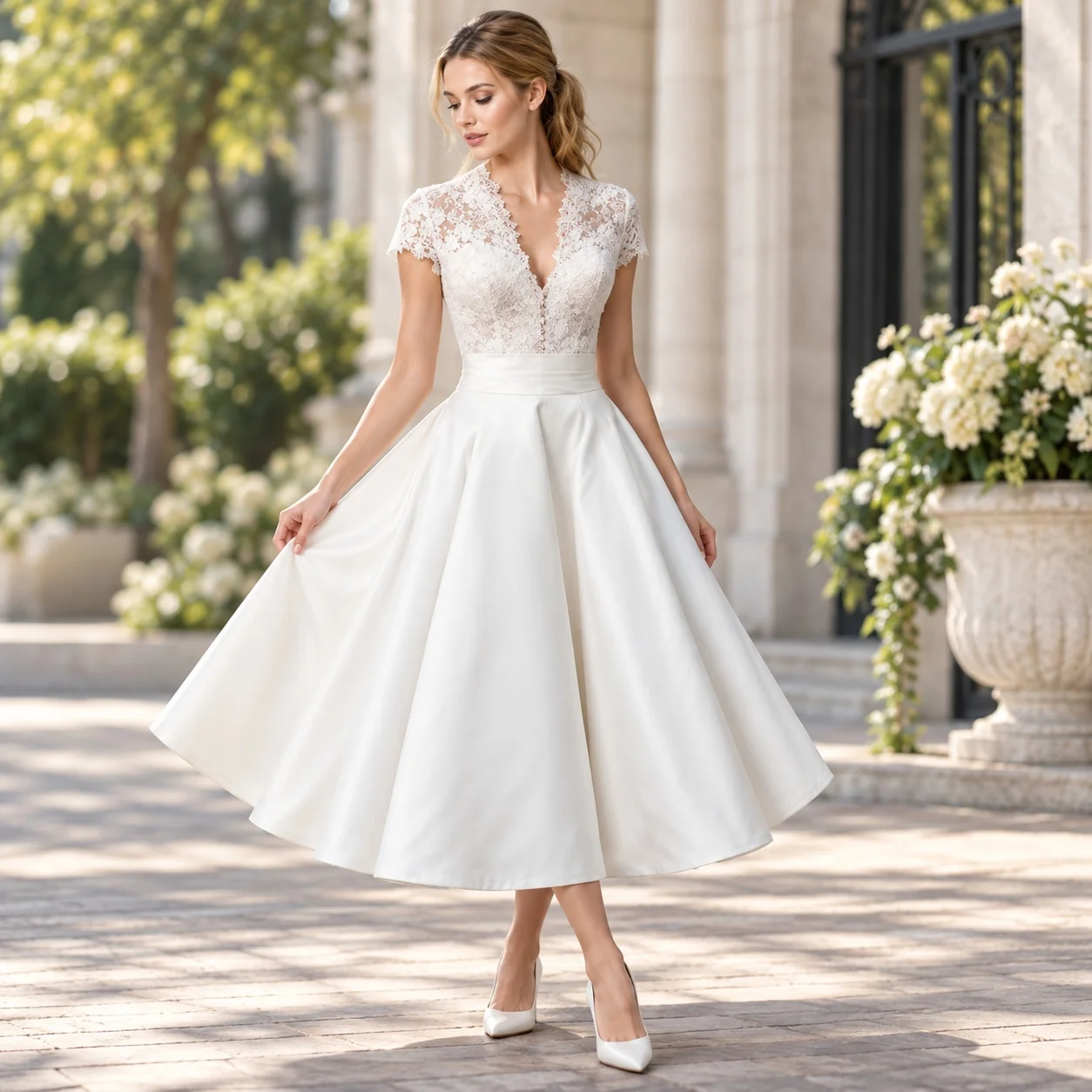 Midi Length V Neck Gown Mid Length Elegant Commuter with Mid Waist Commuter Style Regular Sleeve Short Sleeve Spring for Women