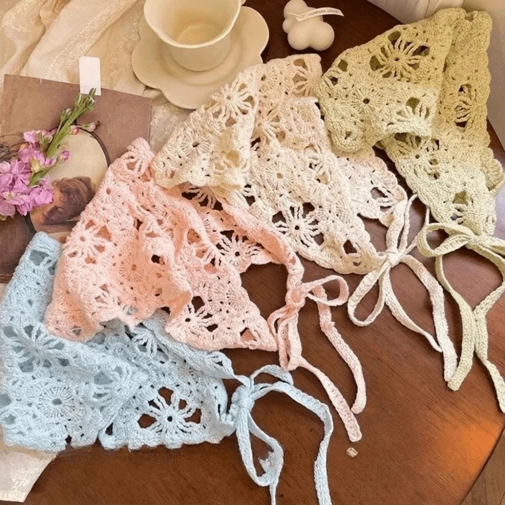 Elegant French Knitted Headband Floral Pastoral Style Women Hair Scarf Bohemian Handmade Crochet Flower Bandana Children