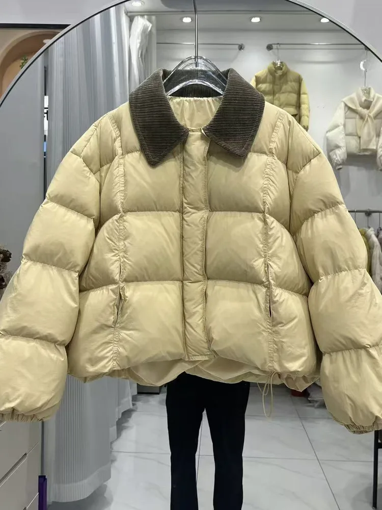 

2025 new down jacket women's short style fashion corduroy shirt collar thickened white duck down winter coat trend