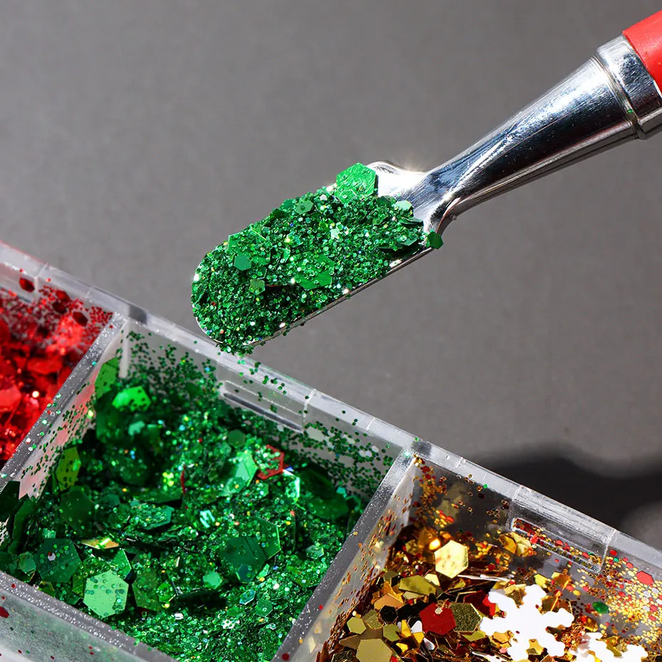 12グリッドクリスマスレーザーネイルグリッターフレーク虹色輝くミックスネイルクロムパウダー3D不規則ホロフレークマニキュアデコレーション