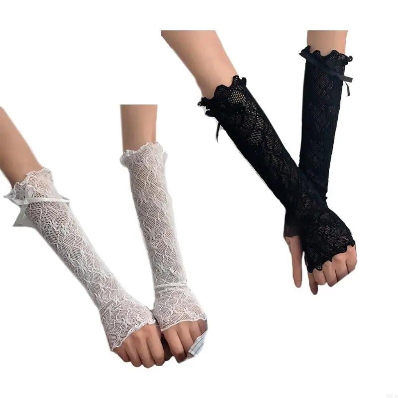 D0UD Women Lace Arm Warmer Fingerless Lace Gloves Sexy UV Stretchy Arm Sleeves Elbow Length 12in Black White