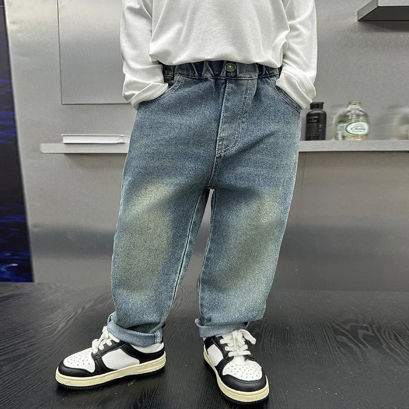 

Синие потертые джинсы для мальчиков на весну и осень, повседневные длинные брюки с эластичной резинкой на талии для мальчиков, детские прямые брюки для детей 2–10 лет