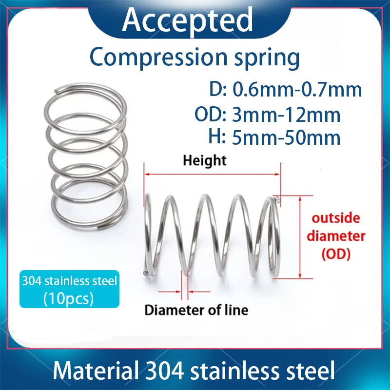 304 mola de compressão de mola de aço inoxidável diâmetro do fio 0.6mm-0.7mm diâmetro externo 3mm-12mm (10 peças)