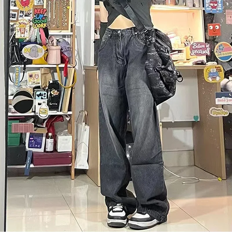 

Women Vintage Streetwear Black Baggy Korean Jeans High Waiste Oversize Wide Leg Pants Grunge Denim Trousers Y2K Alt Clothes