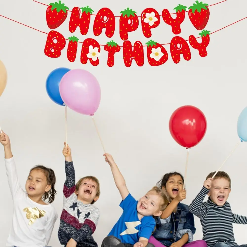 Red Happy Birthday Banner Birthday Party Decor Fruit Themed Strawberry Banners Hanging Thicken Celebration Banners Girls Kids