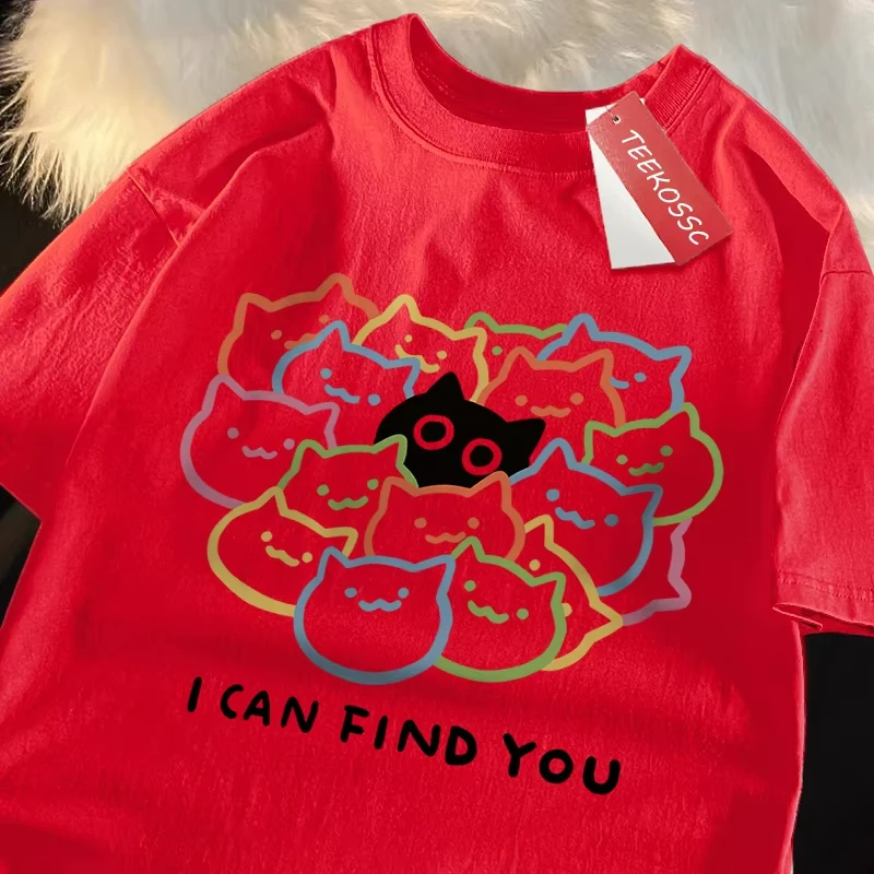 I Can Find You Letter Printing Fun Cat Print Women Fashion Oversize T-Shirt Summer 100% Cotton Clothing Loose Fashion Casual Top