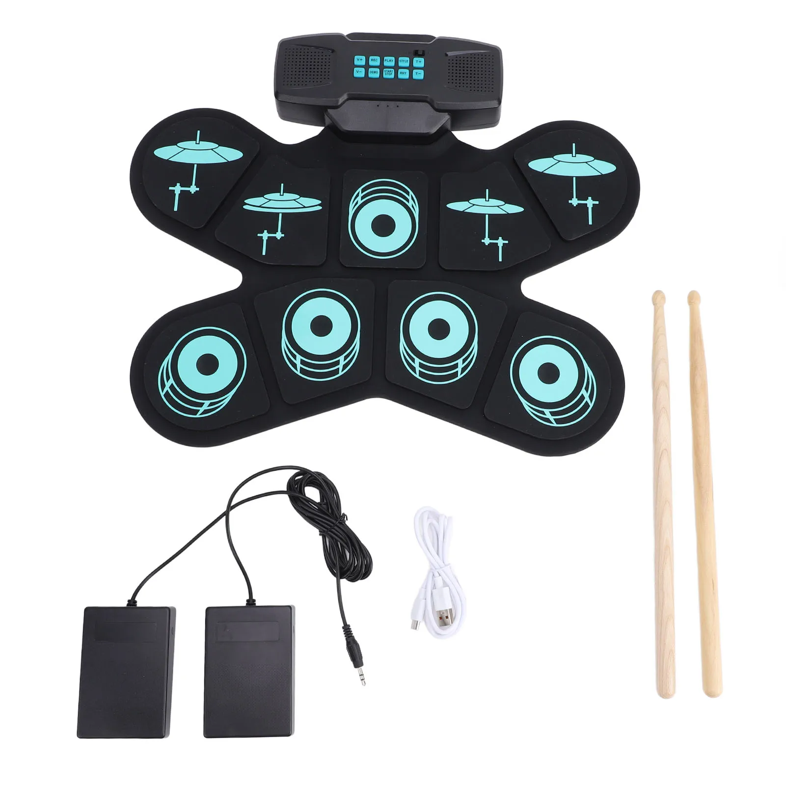 9 Pads Electronic Drum Set Electric Drum Pad Set Kids 9 Pads Roll Up Practice Tool with Sticks Headphone Jack Speaker Pedals