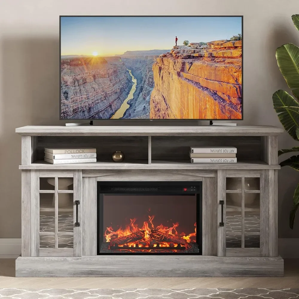 Traditional Rustic TV Stand with Electric Fireplace Heater with Sound, Media Entertainment Center Console Table