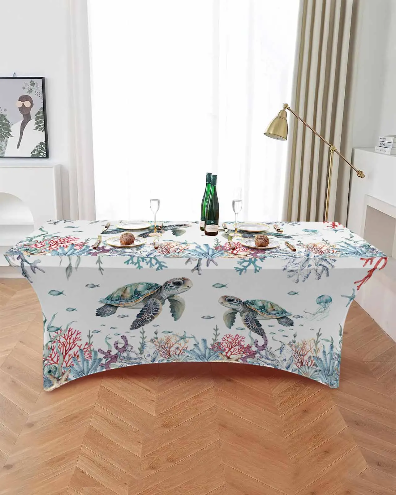 Summer Sea Life Coral Sea Turtle Elastic Table Skirt Wedding Birthday Table Decoration Table Skirt Tablecloth for Party