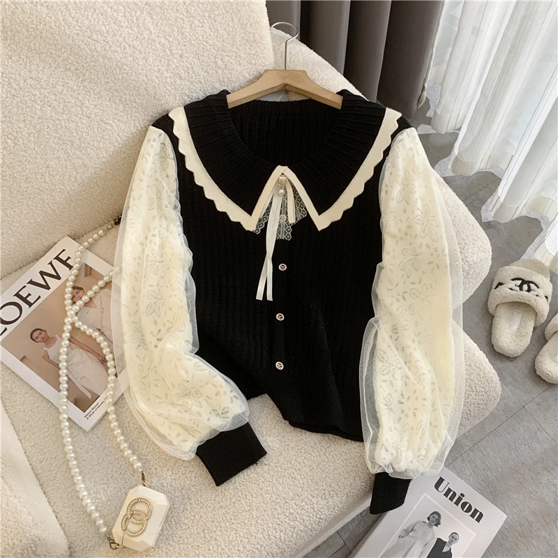 Women Black Goth Knit Cardigan Sweater Harajuku 2000s Vintage Y2k Lace Patchwork Long Sleeves Peter Pan Collar Sweaters Clothes