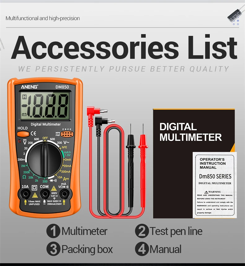 Multifunktionales ANENG DM850 Multimeter, 1999 Zähler, Summer, Datenhaltefunktion, Transistor, Haushaltsstromkreis, Elektrisches Reparaturmessgerät, Werkzeuge – Detail 12