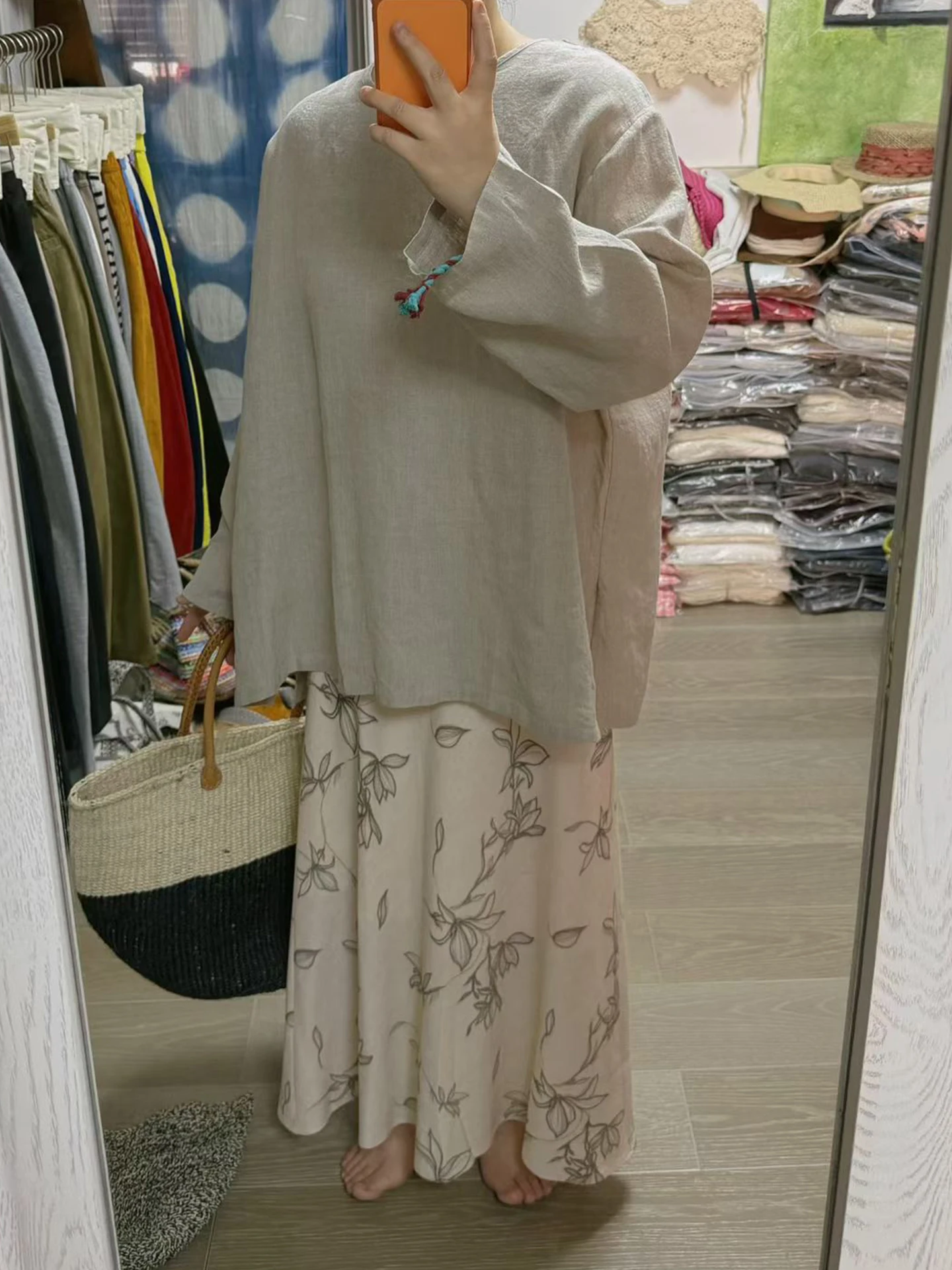 

New Chinese Style Half Skirt Vintage Artistic Apricot Color Ink Painting Print plus Size Women's Clothing Spring Summer Fashion