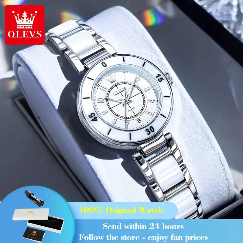 OLEVS 7083 Woman Watch Fashion Number Scale Quartz Watch Women Luminous 30M Waterproof Ladies Wristwatch Ceramic Steel Strap