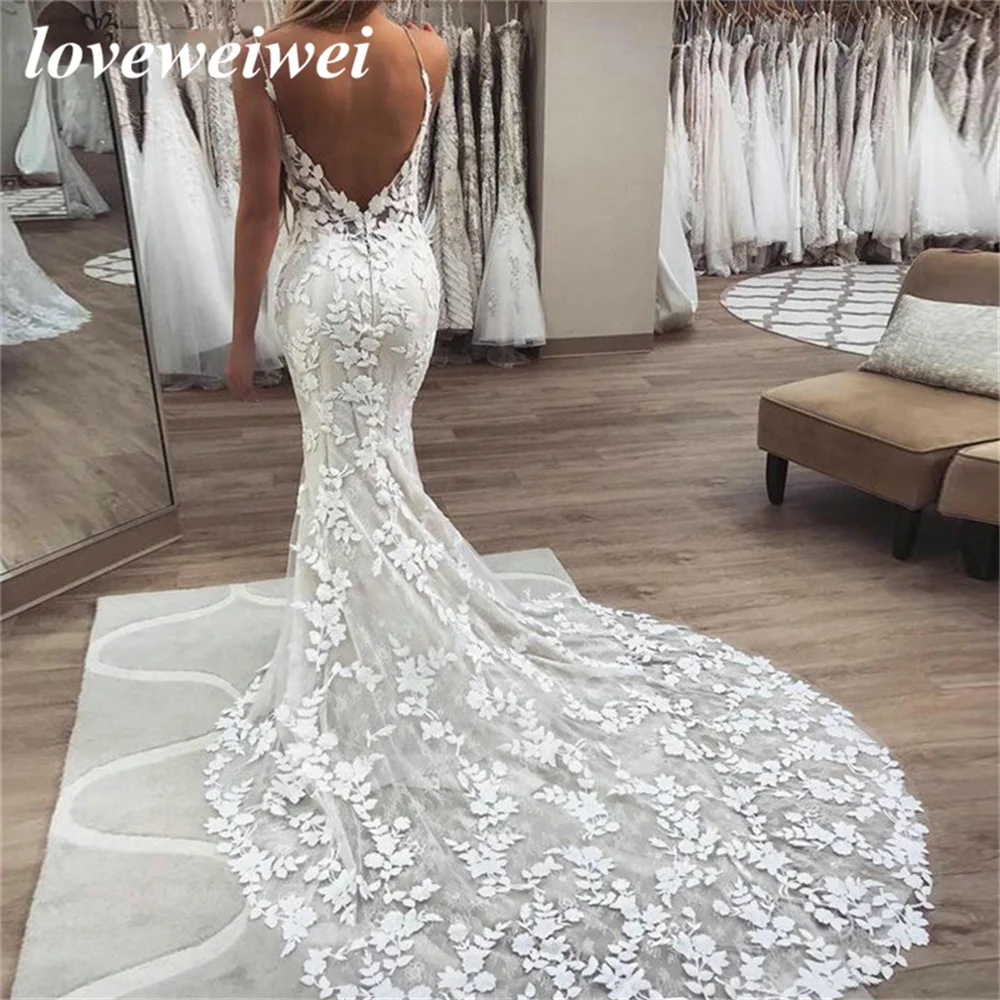 Suknie ślubne Boho Mermaid suknia ślubna 2022 paski Spaghetti Backless koronkowe aplikacje plaża Bride suknie Vestido De Noiva