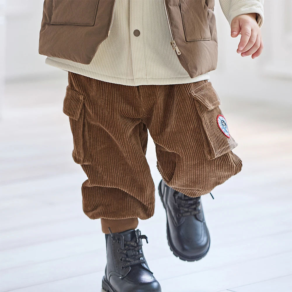 Dave Bella Boys Cotton Pants Autumn Winter Baby Thicken Brown Trousers Elastic Waist Plush Outerwear Children Clothing DB4253870