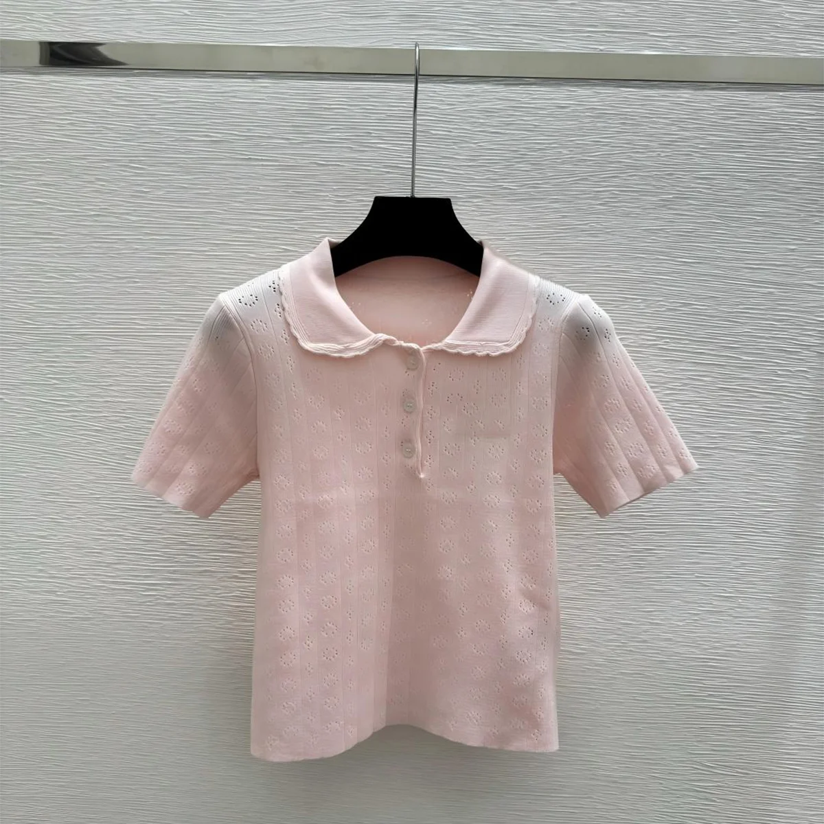 2026 High quality women's clothing French fungus edge doll collar hollow knitted short sleeved shirt--hb721