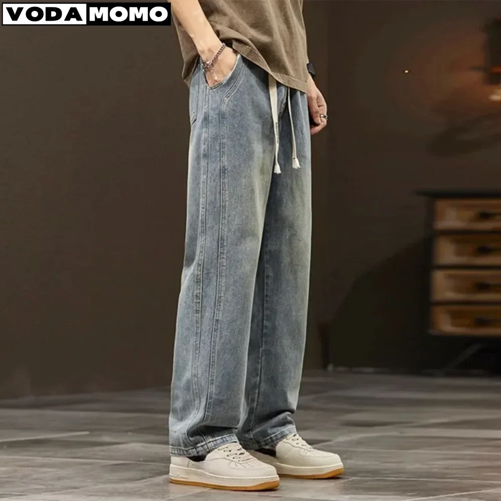 

Elastic loose straight jeans men's wide legged denim pants casual trousers Korean style Sportswear clothing jeans jeans print