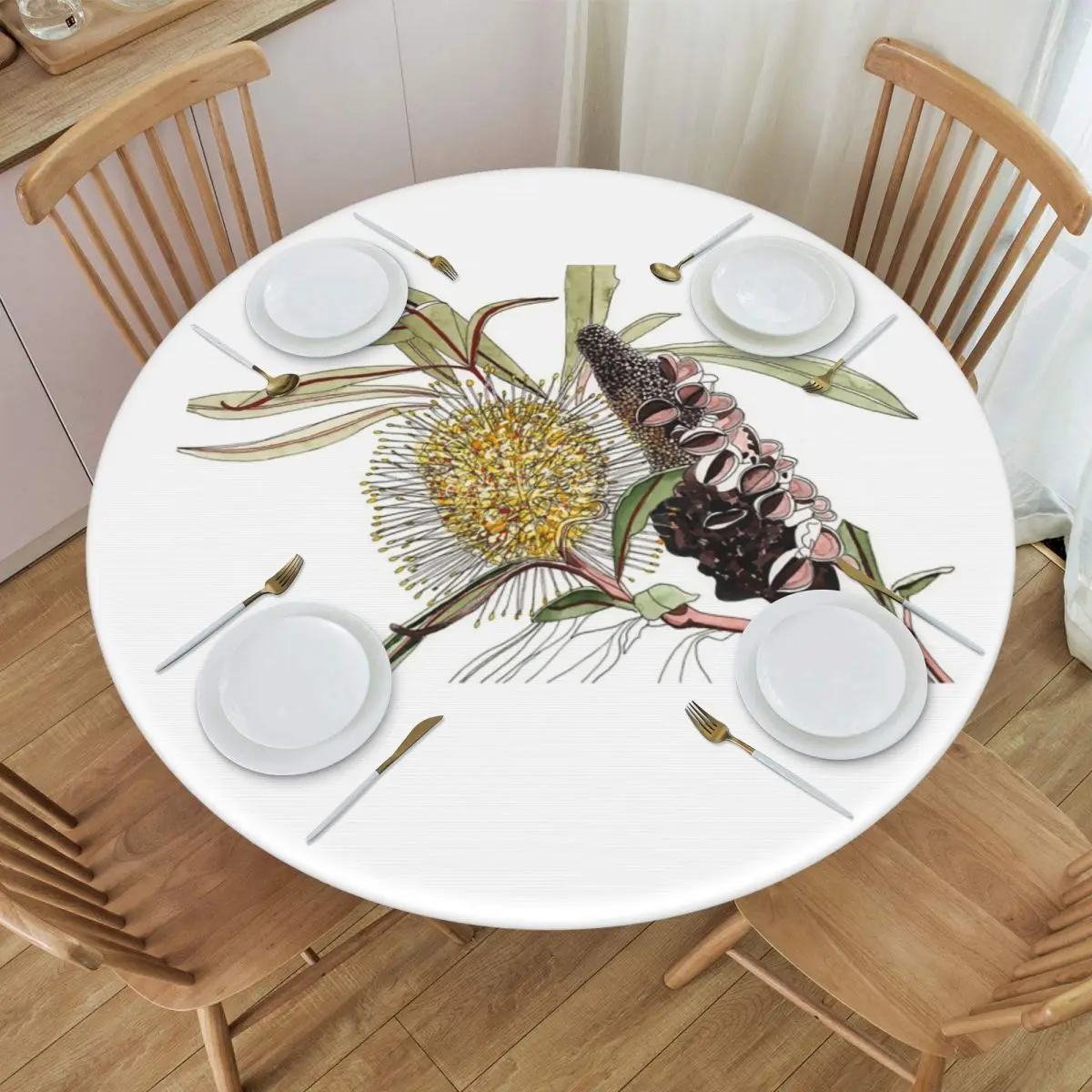 Banksia Flower Pod Australian Flora Yellow Waterproof Round Tablecloth Oilproof Table Cloth Kitchen Events Dining Table Cover
