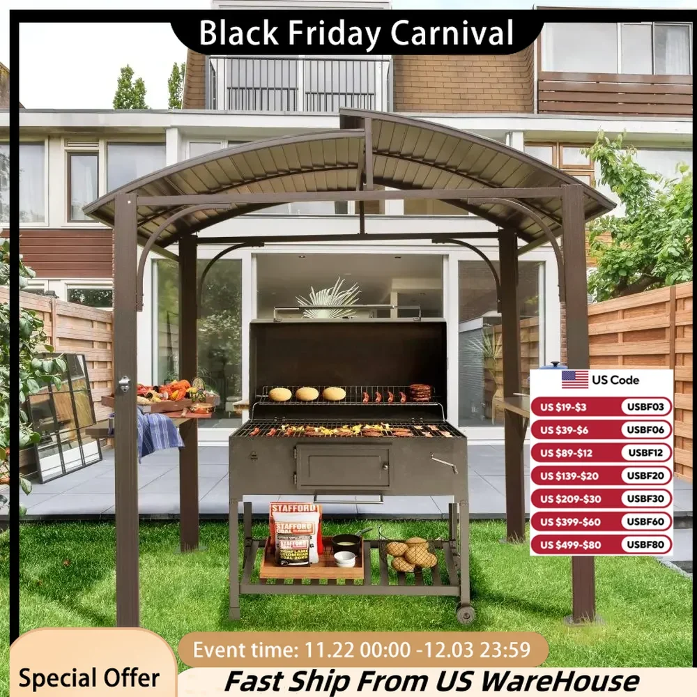 8x5FT Canopy for Outdoor Grill w/Double Galvanized Steel Roof and 2 Side Shelves, BBQ Gazebo Tent for Patio Garden Backyard