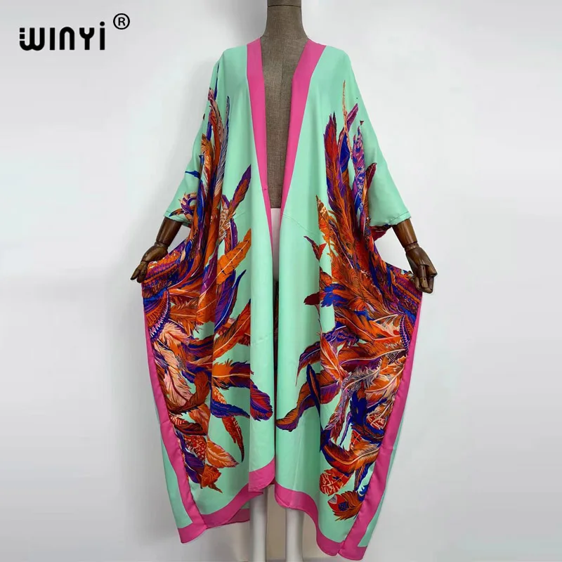 WINYI 2022 Oversized Beach Kimono With Sashes Bohemian Vintage Slim Sexy Long Cardigan Women Big Sleeve sukienka Fringe Cover-Up