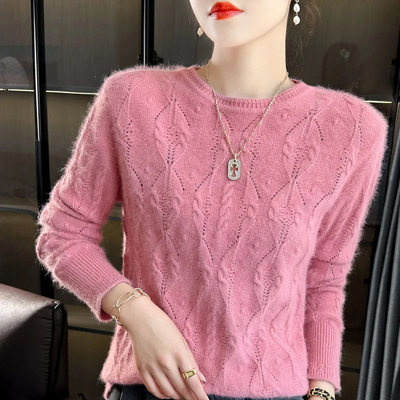 Women\'s sweater autumn/winter new 100% cashmere pullover casual knitted Tops Japanese/Korean style round neck hollow Blouse