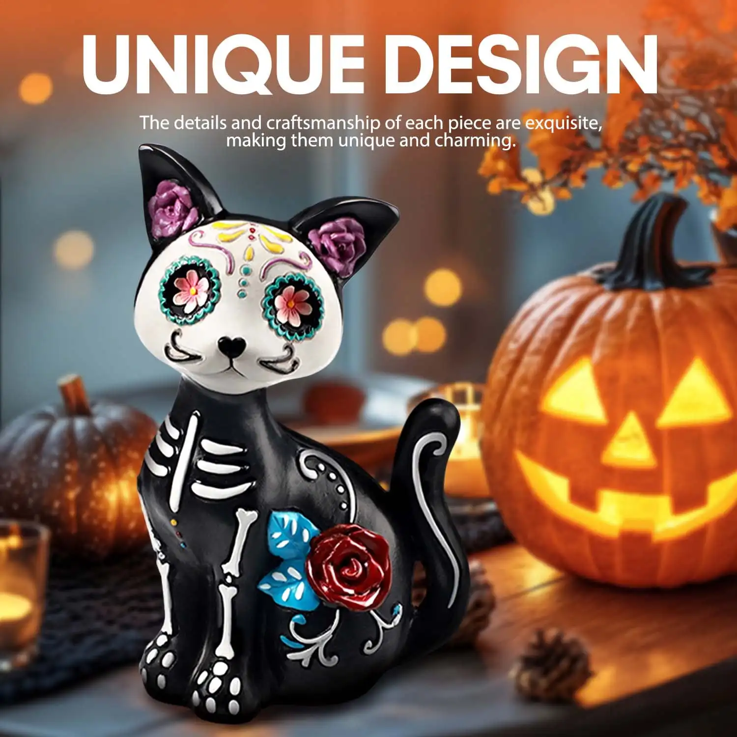Day of the Dead Skull Black Cat Figurine Resin Halloween Cat Statue Dia de los Muertos Gothic Skeleton Decor for Home Table