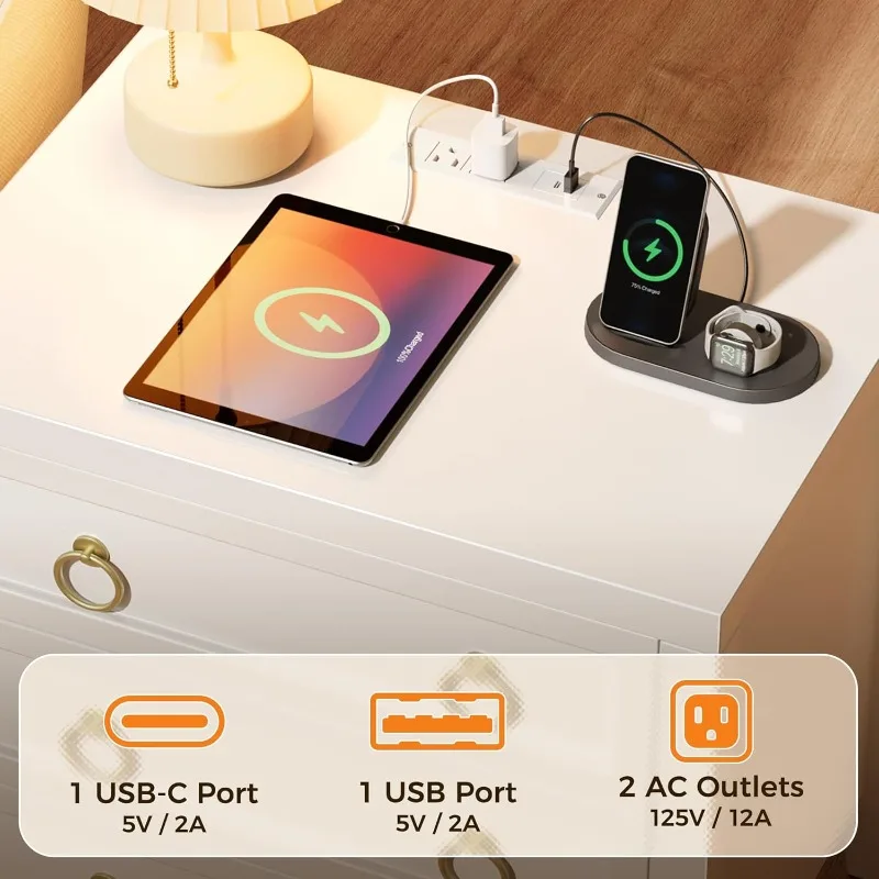 حامل ليلي مع محطة شاحن ومنفذ USB-C، مجموعة من 3 أدراج مكونة من 2، طاولة بجانب السرير أوسع أكبر، طاولة نهاية حديثة #4