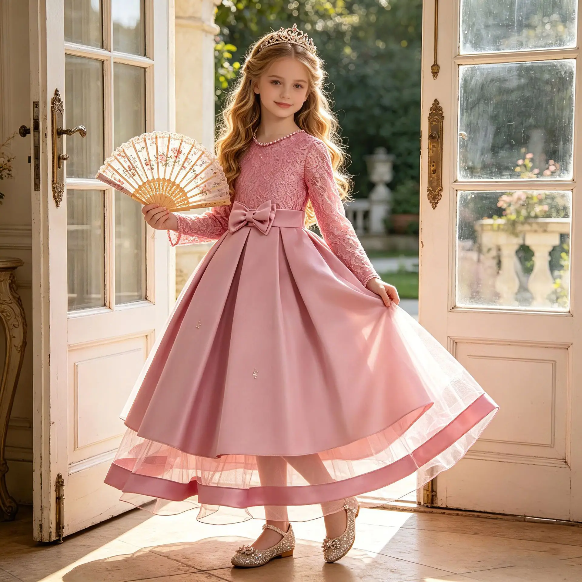 

HETISO Kids Bridesmaids Party Dresses Elegant Long Sleeve Pageant Wedding Evening Prom Gown For Girls Child Birthday Costume